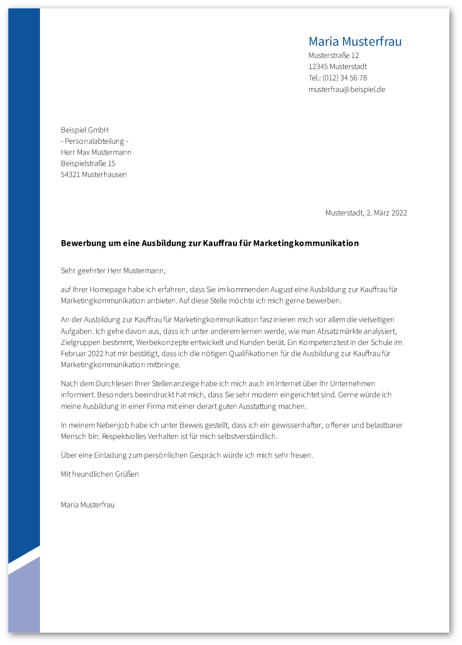 Anschreiben: Kaufmann / Kauffrau für Marketingkommunikation