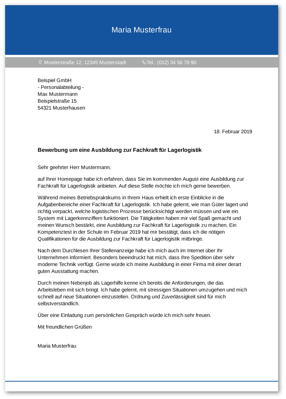 Bewerbung Schreiben Fachkraft Fur Lagerlogistik Ausbildungspark Verlag