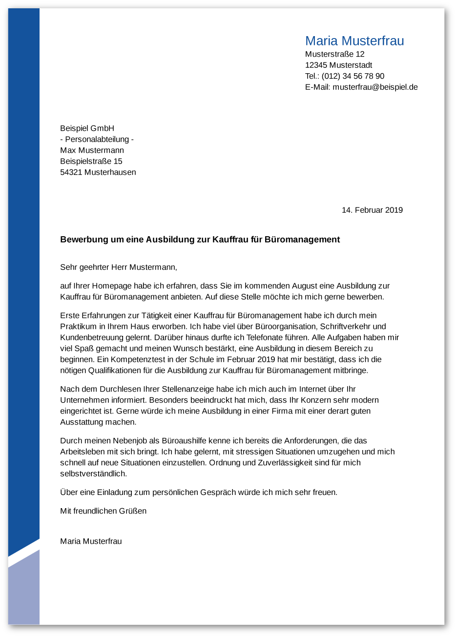 Anschreiben: Kaufmann / Kauffrau für Büromanagement