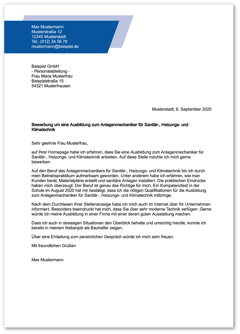 Muster-Anschreiben Anlagenmechaniker / Anlagenmechanikerin für Sanitär-, Heizungs- und Klimatechnik