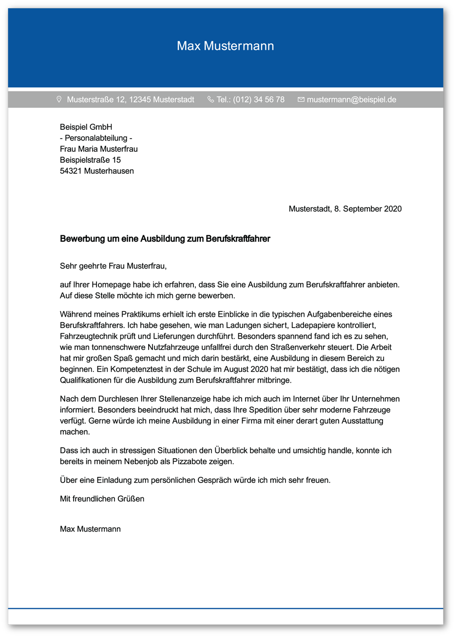 Muster-Anschreiben Berufskraftfahrer / Berufskraftfahrerin