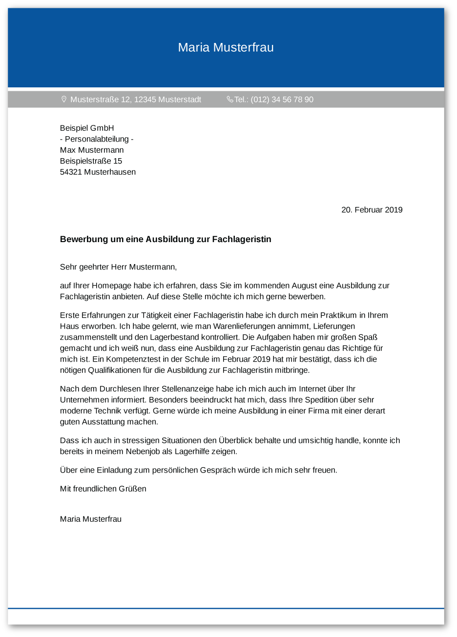 Muster-Anschreiben Fachlagerist / Fachlageristin