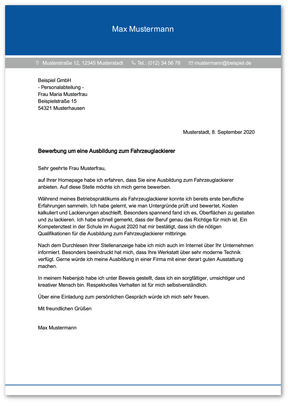 Muster-Anschreiben Fahrzeuglackierer / Fahrzeuglackiererin