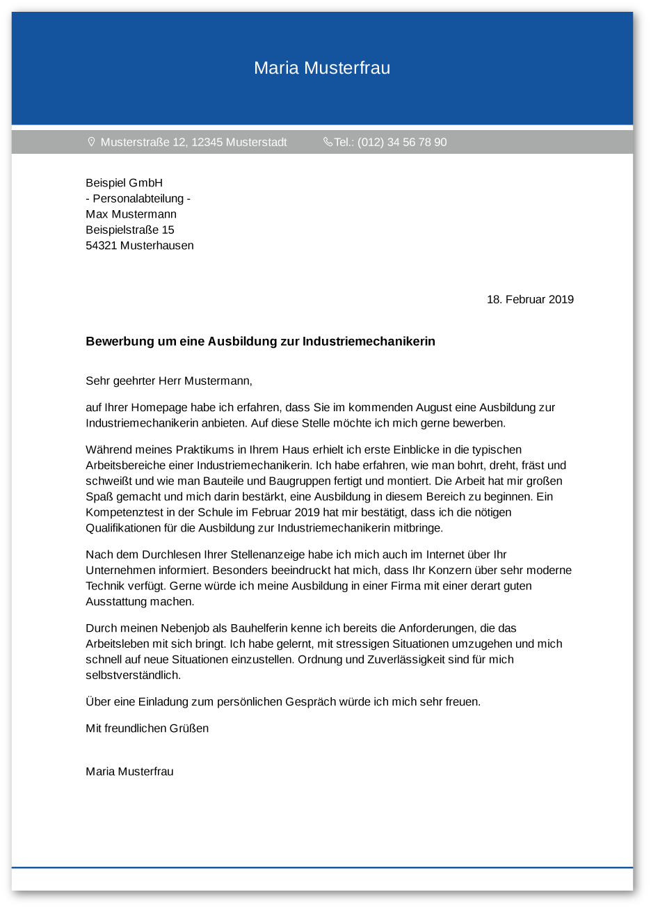 Muster-Anschreiben Industriemechaniker / Industriemechanikerin