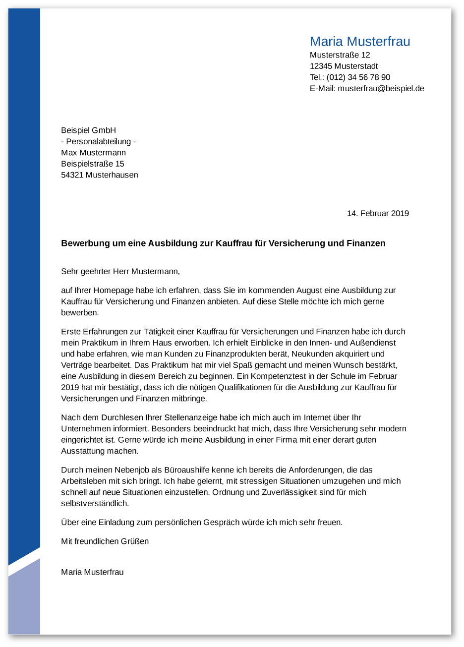 Muster-Anschreiben Kaufmann / Kauffrau für Versicherungen und Finanzen