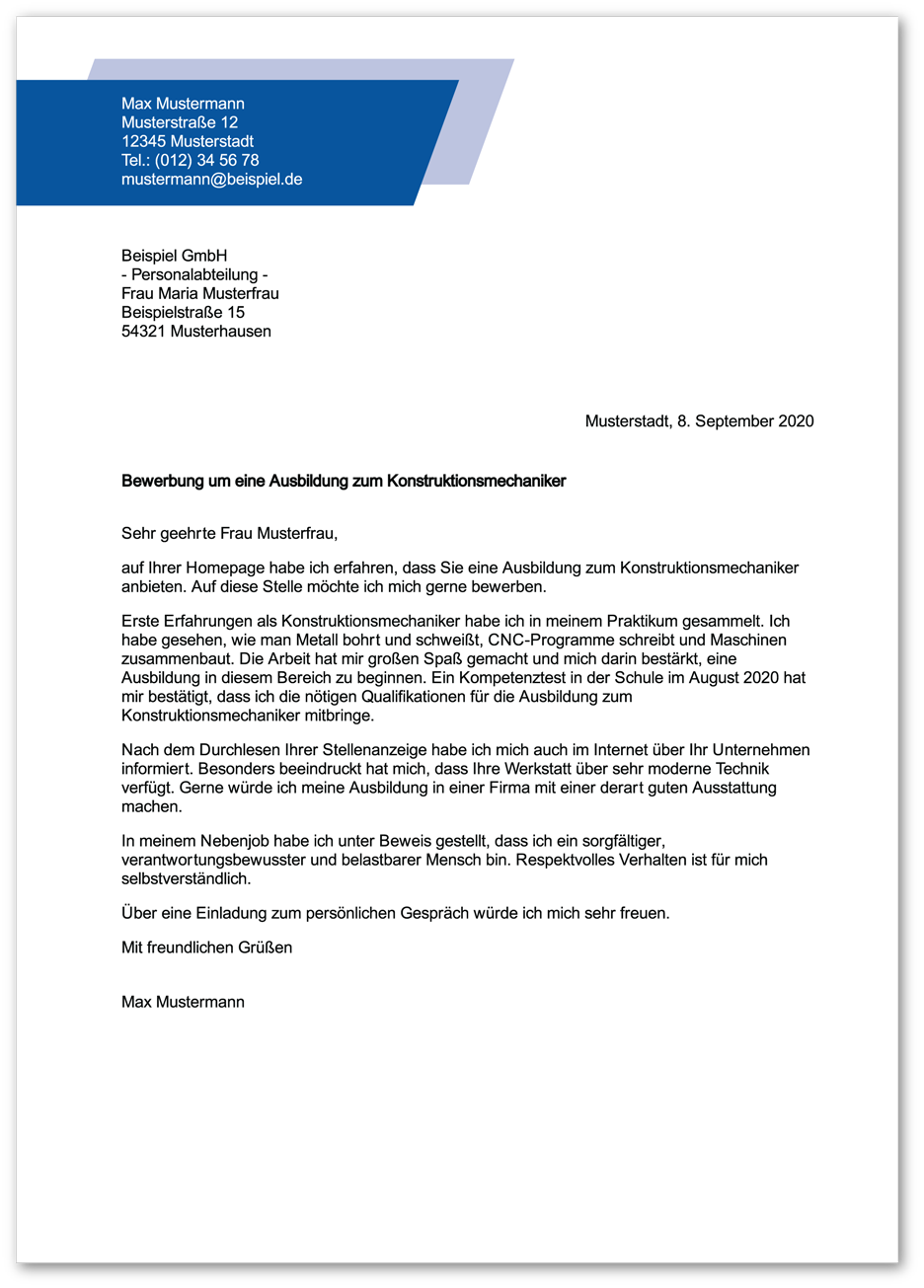 Muster-Anschreiben Konstruktionsmechaniker / Konstruktionsmechanikerin