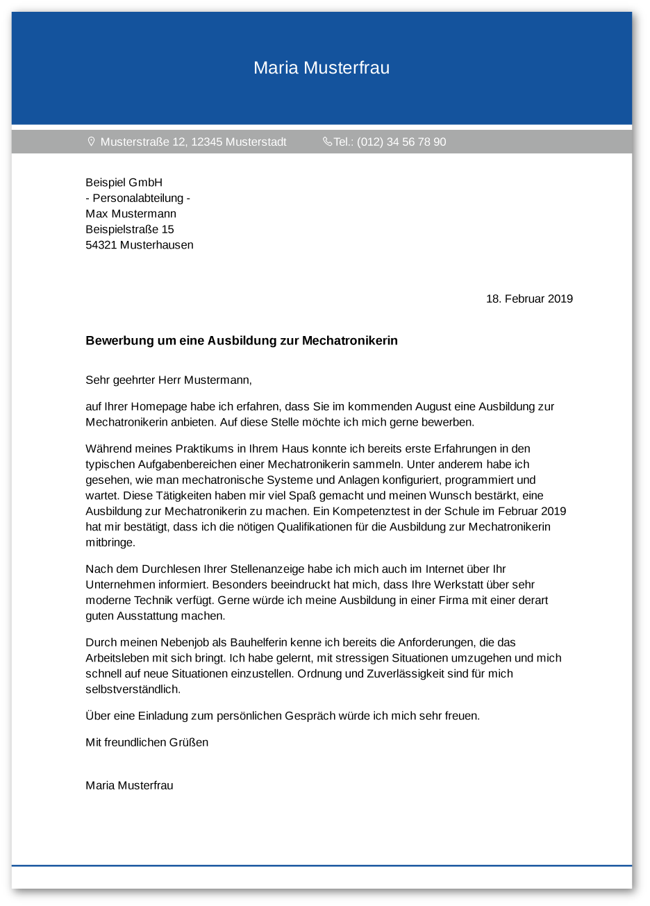 Muster-Anschreiben Mechatroniker / Mechatronikerin