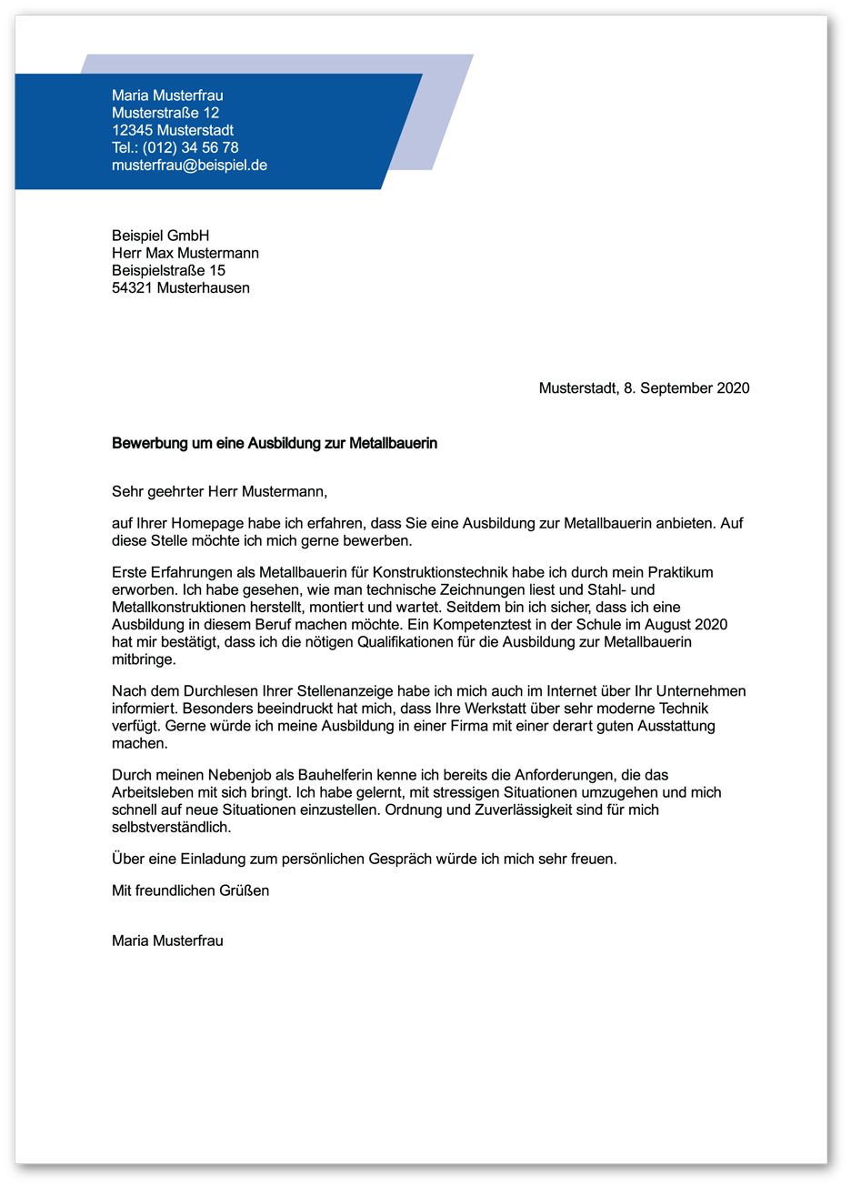 Muster-Anschreiben Metallbauer / Metallbauerin