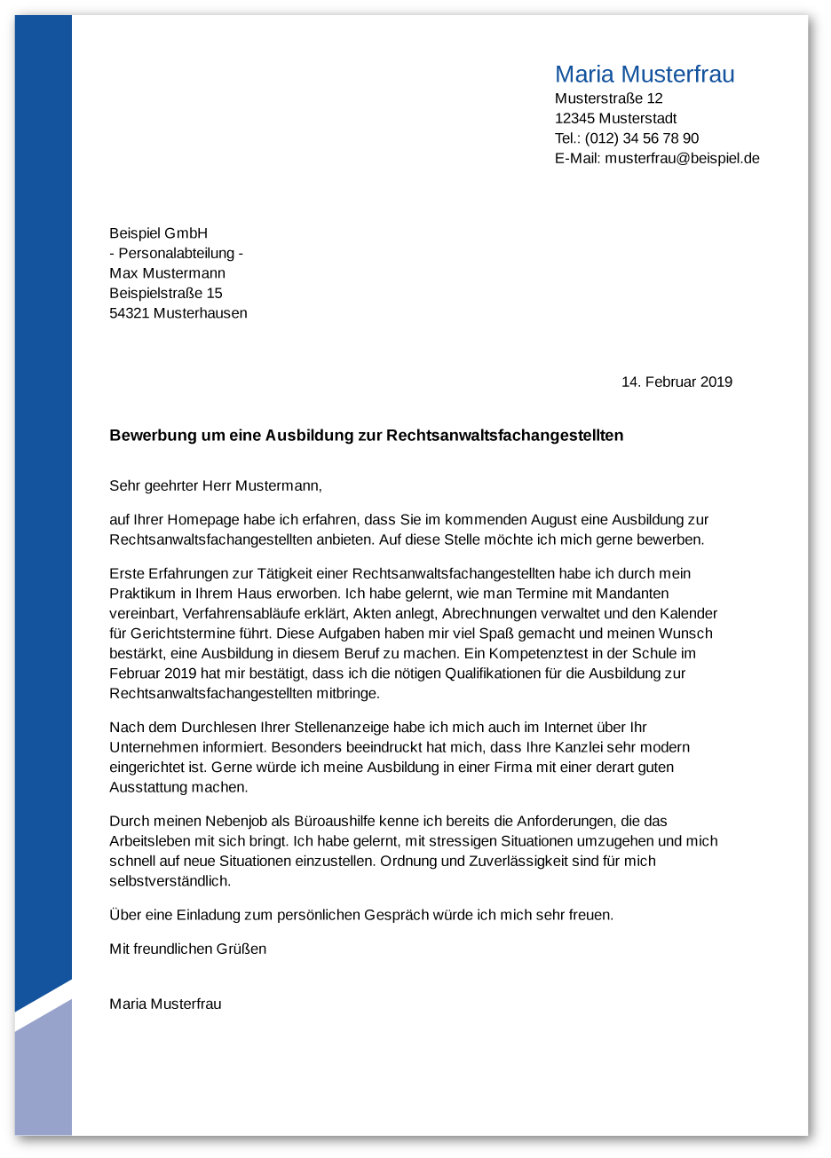 Muster-Anschreiben Rechtsanwaltsfachangestellter / Rechtsanwaltsfachangestellte