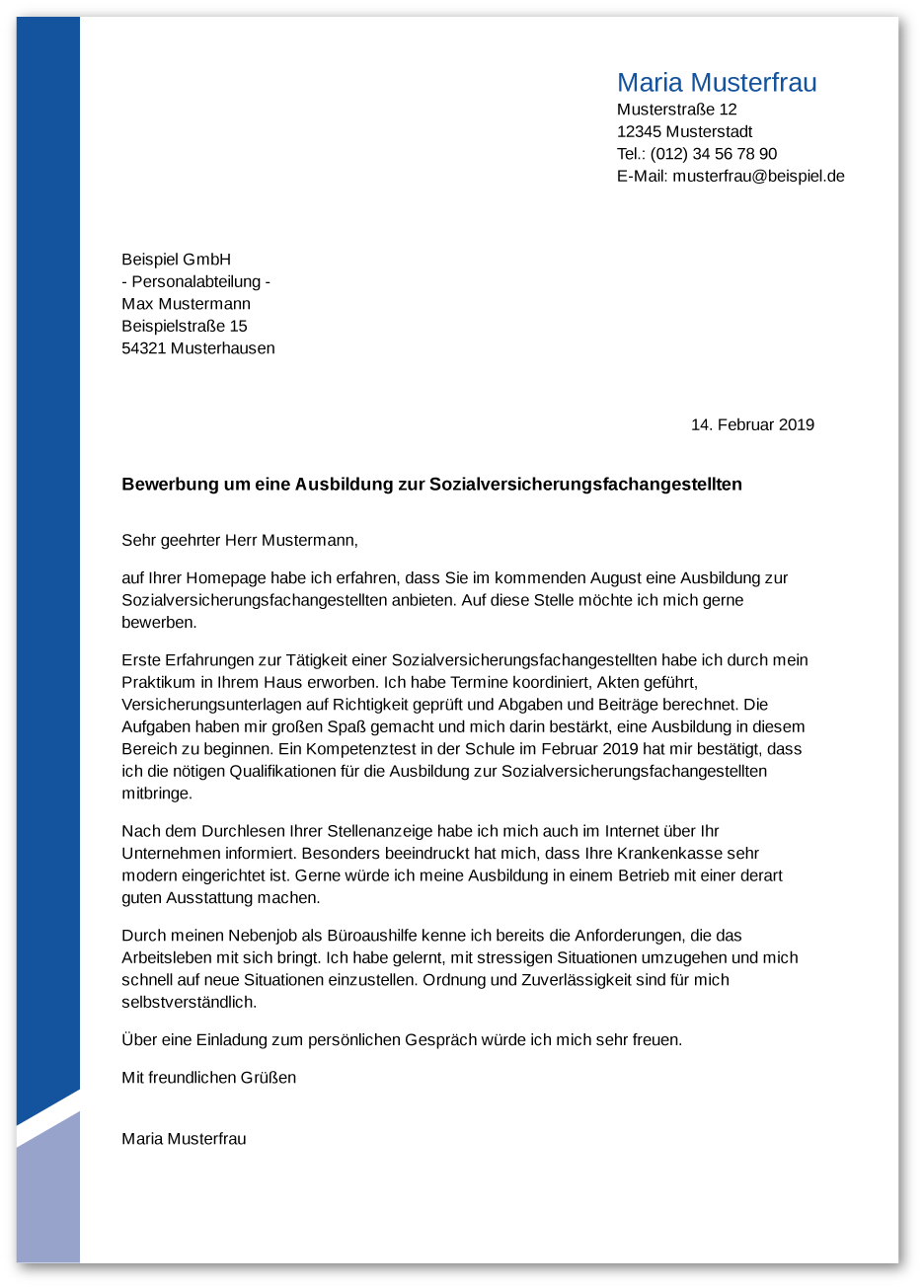 Muster-Anschreiben Sozialversicherungsfachangestellter / Sozialversicherungsfachangestellte