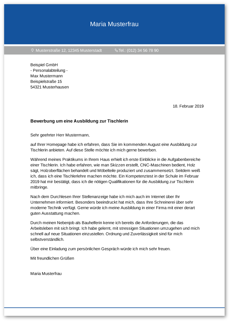 Muster-Anschreiben Tischler / Tischlerin