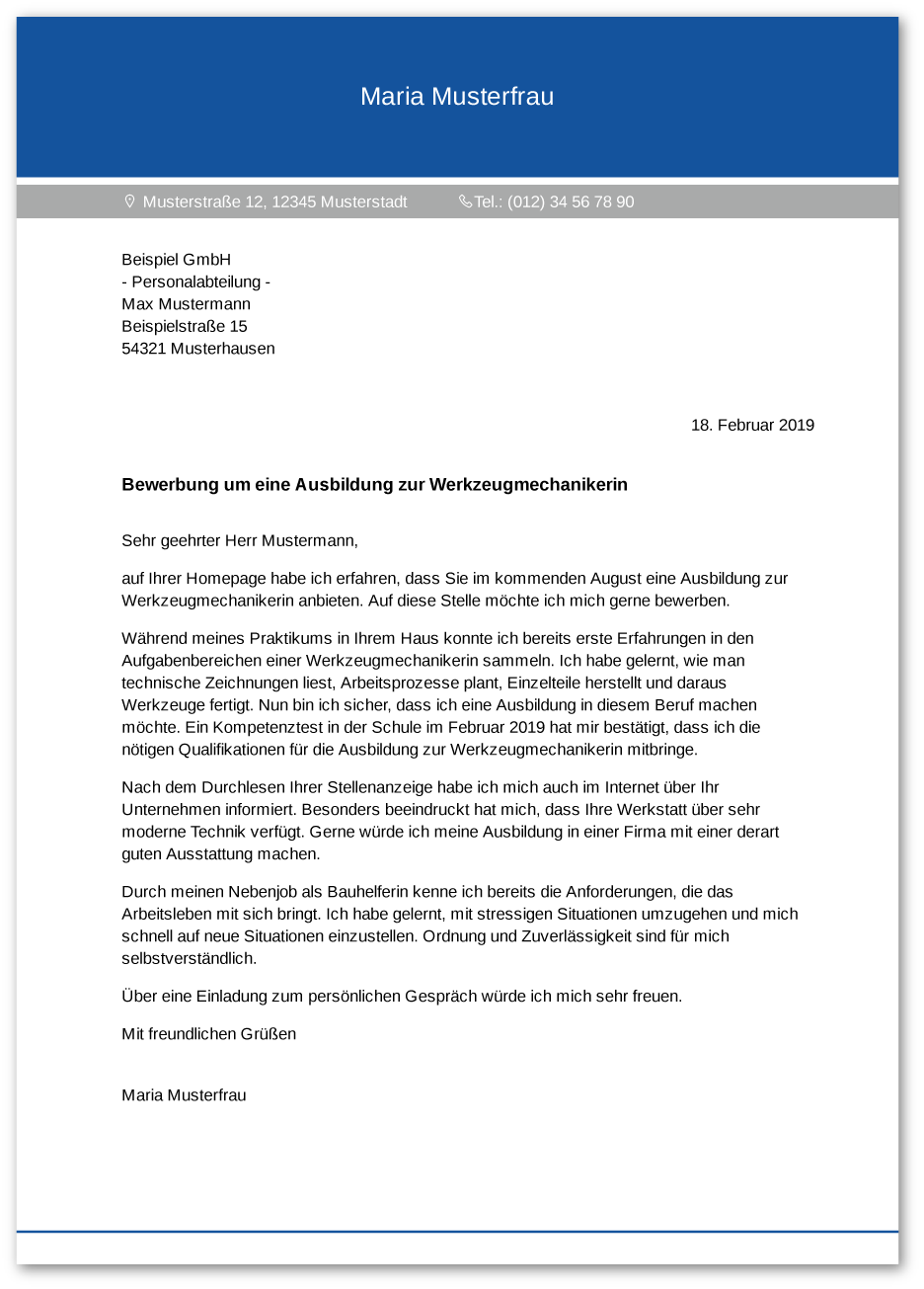 Muster-Anschreiben Werkzeugmechaniker / Werkzeugmechanikerin