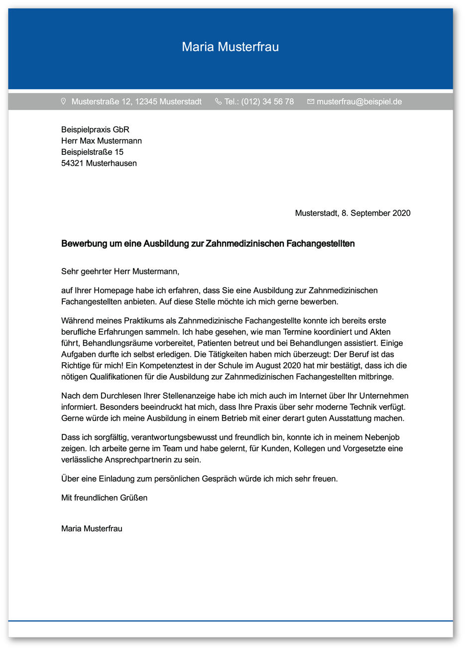 Muster-Anschreiben Zahnmedizinischer Fachangestellter / Zahnmedizinische Fachangestellte