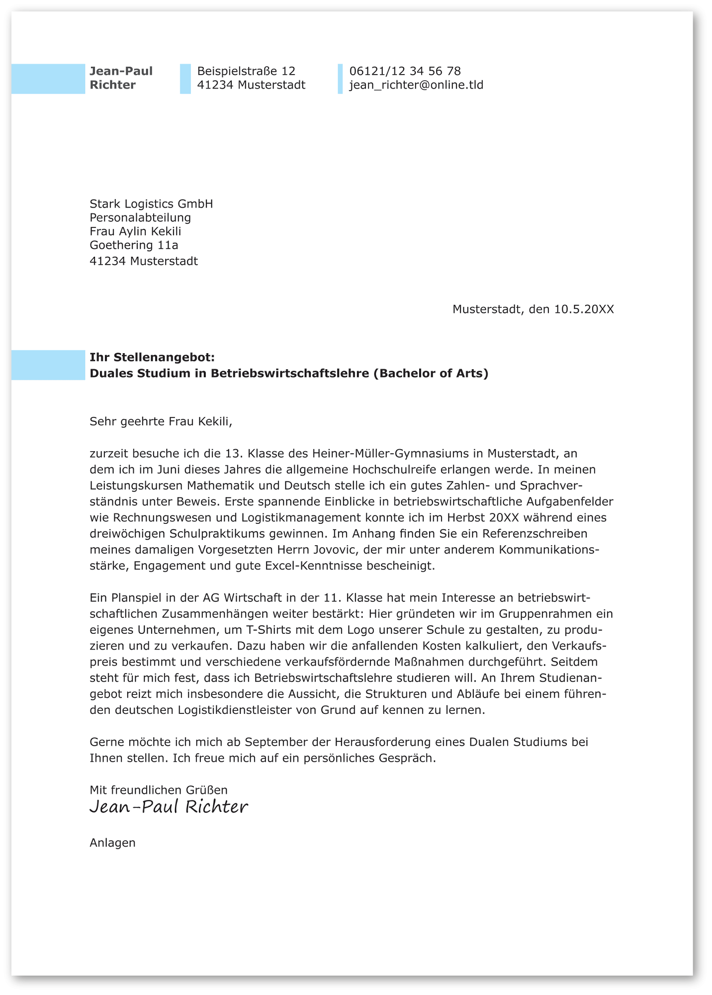 Muster-Anschreiben Duales Studium