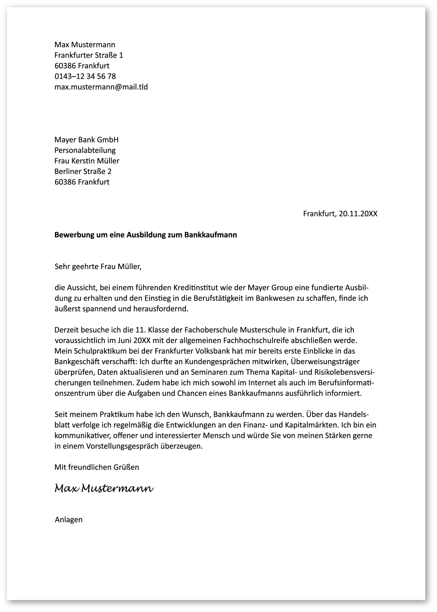 Die Bewerbung zur Ausbildung: Anschreiben (Muster)