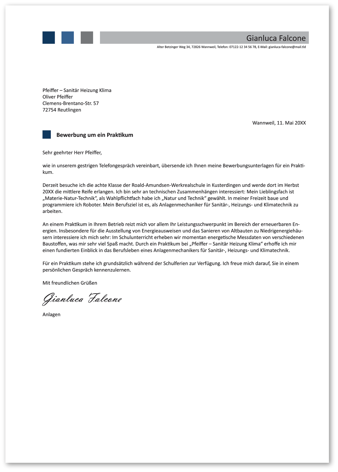 Muster-Anschreiben Praktikum