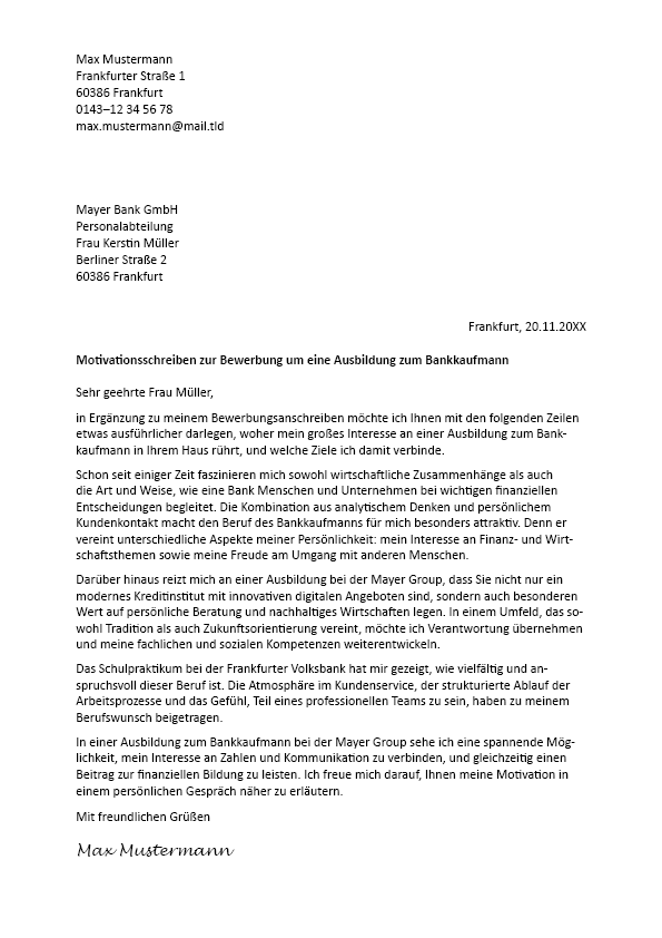 Die Bewerbung zur Ausbildung: Motivationsschreiben (Muster)