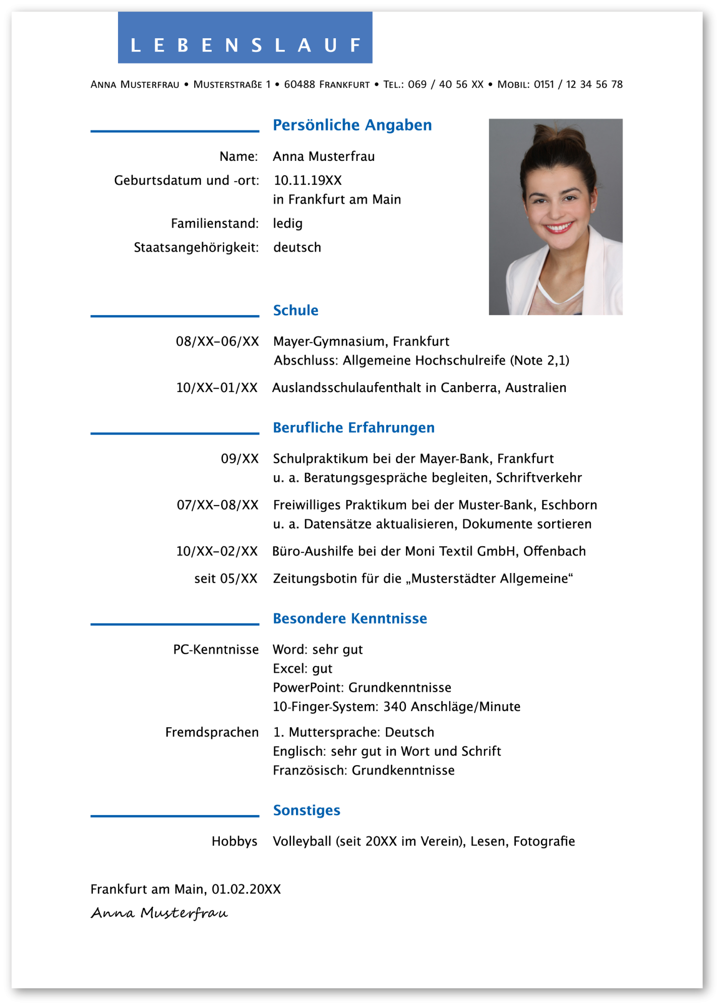 Muster-Lebenslauf für die Bewerbung zur Ausbildung