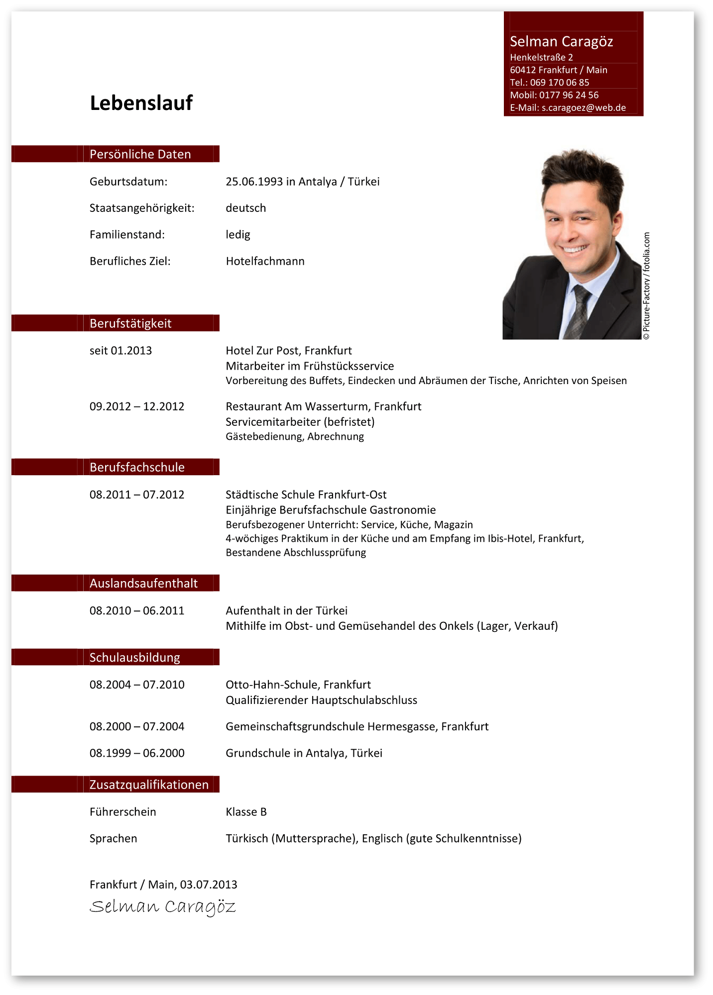 Beispiel für einen gegenchronologischen Lebenslauf