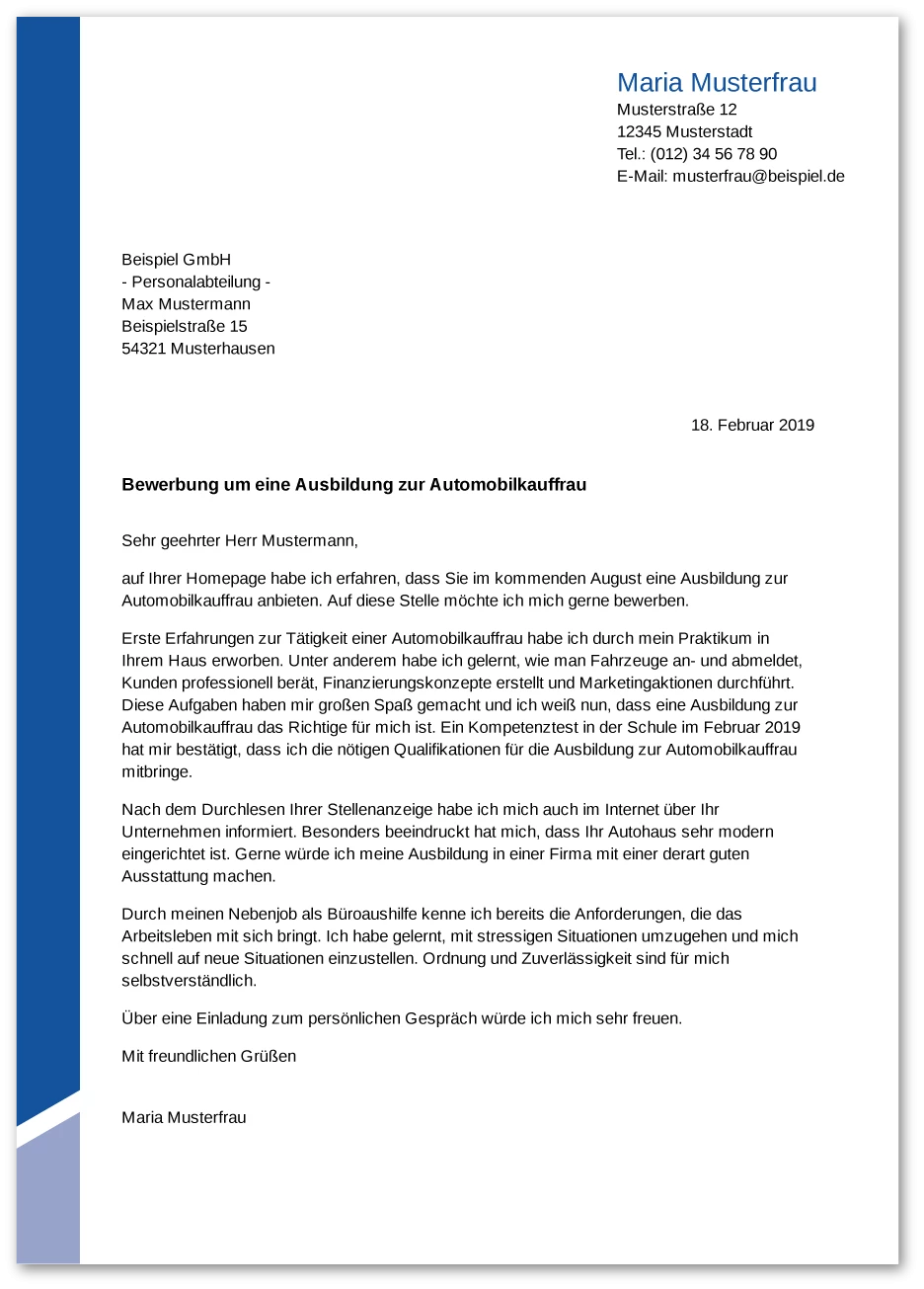 Muster-Anschreiben Automobilkaufmann/-frau