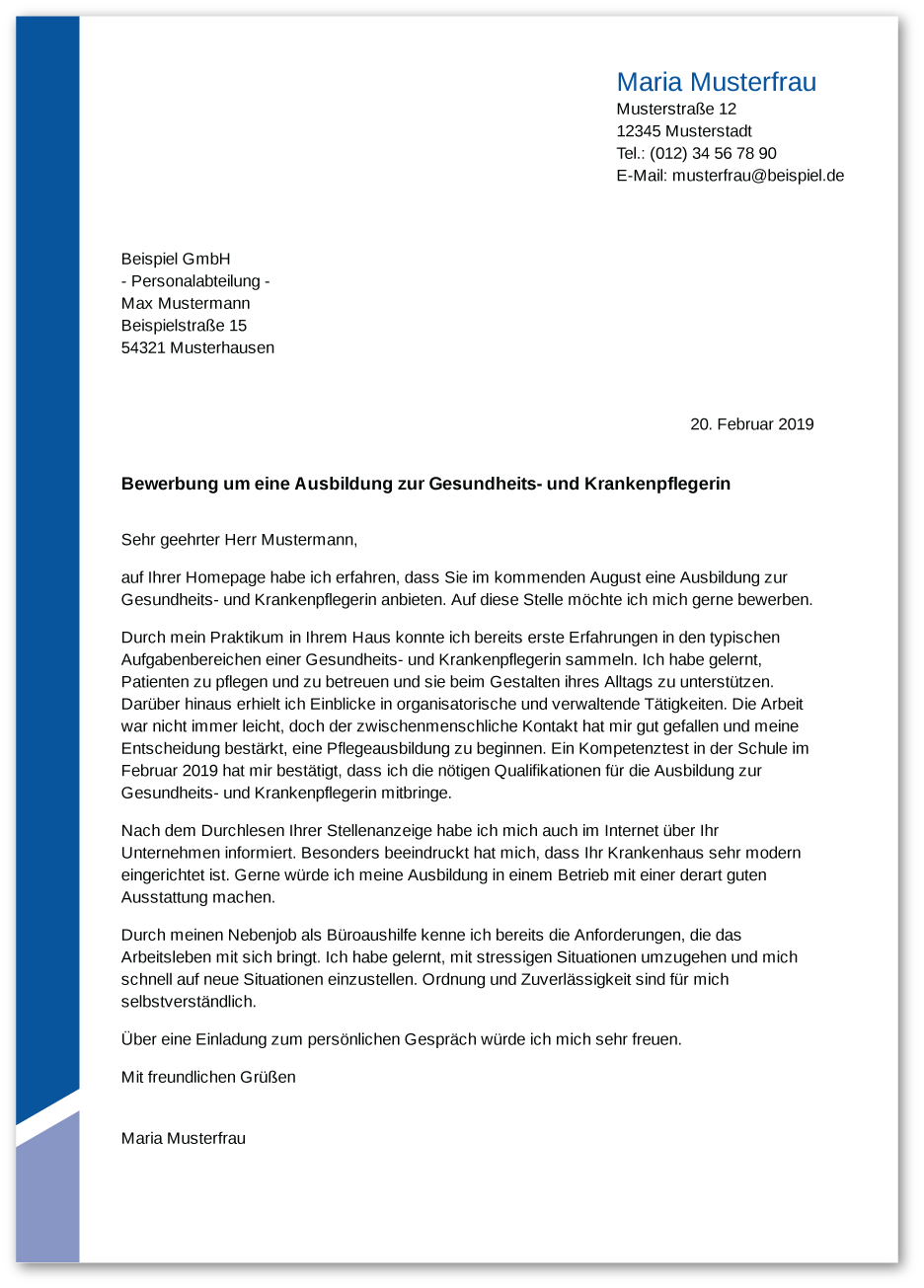 Muster-Anschreiben Gesundheits- und Krankenpfleger/in